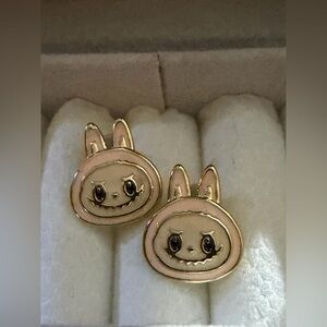 14K Gold Labubu Head Peach Monster Theme Enamel Stud Earrings Kawaii Boutique